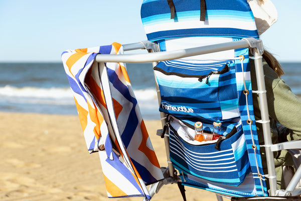 USED  Homevative Folding Backpack High Beach Chair, Towel bar, High Tide Blue